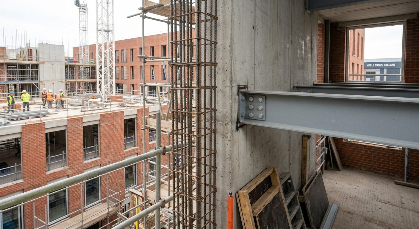 building control compliance structural calculations UK Structural steel beam installation and brickwork detail illustrating building control compliance and regulations on a UK site.
