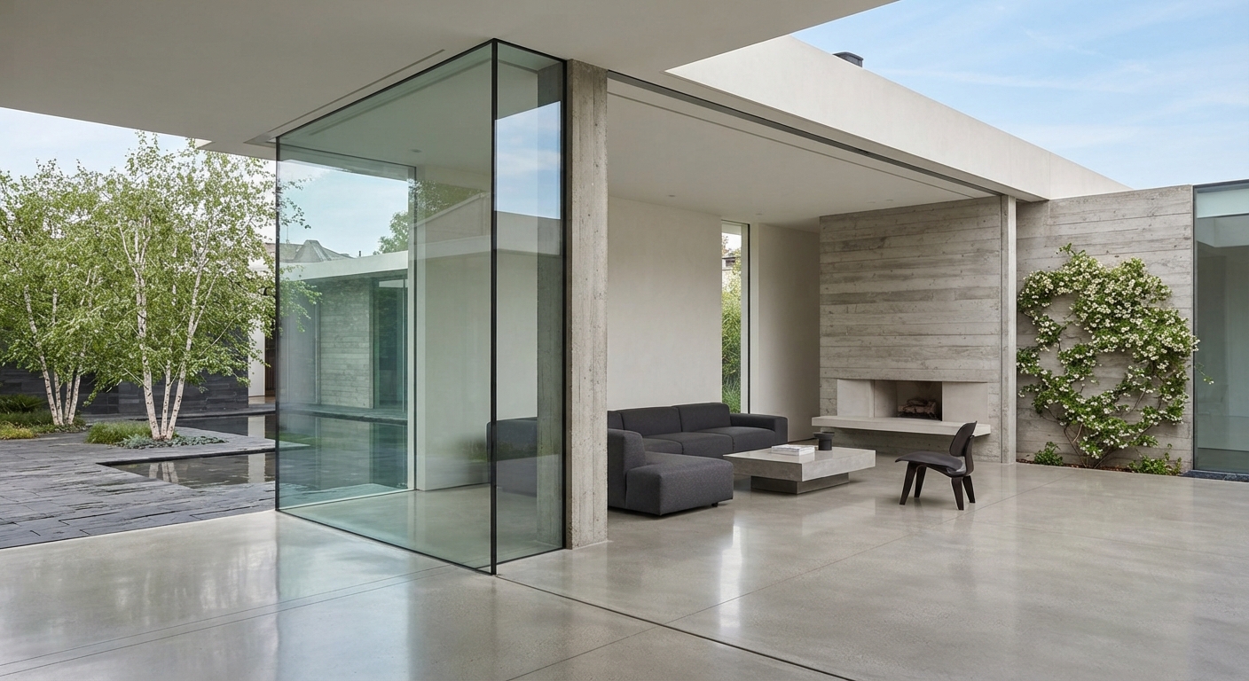 Custom modern residential new build featuring a large structural glass corner window and polished concrete floors.