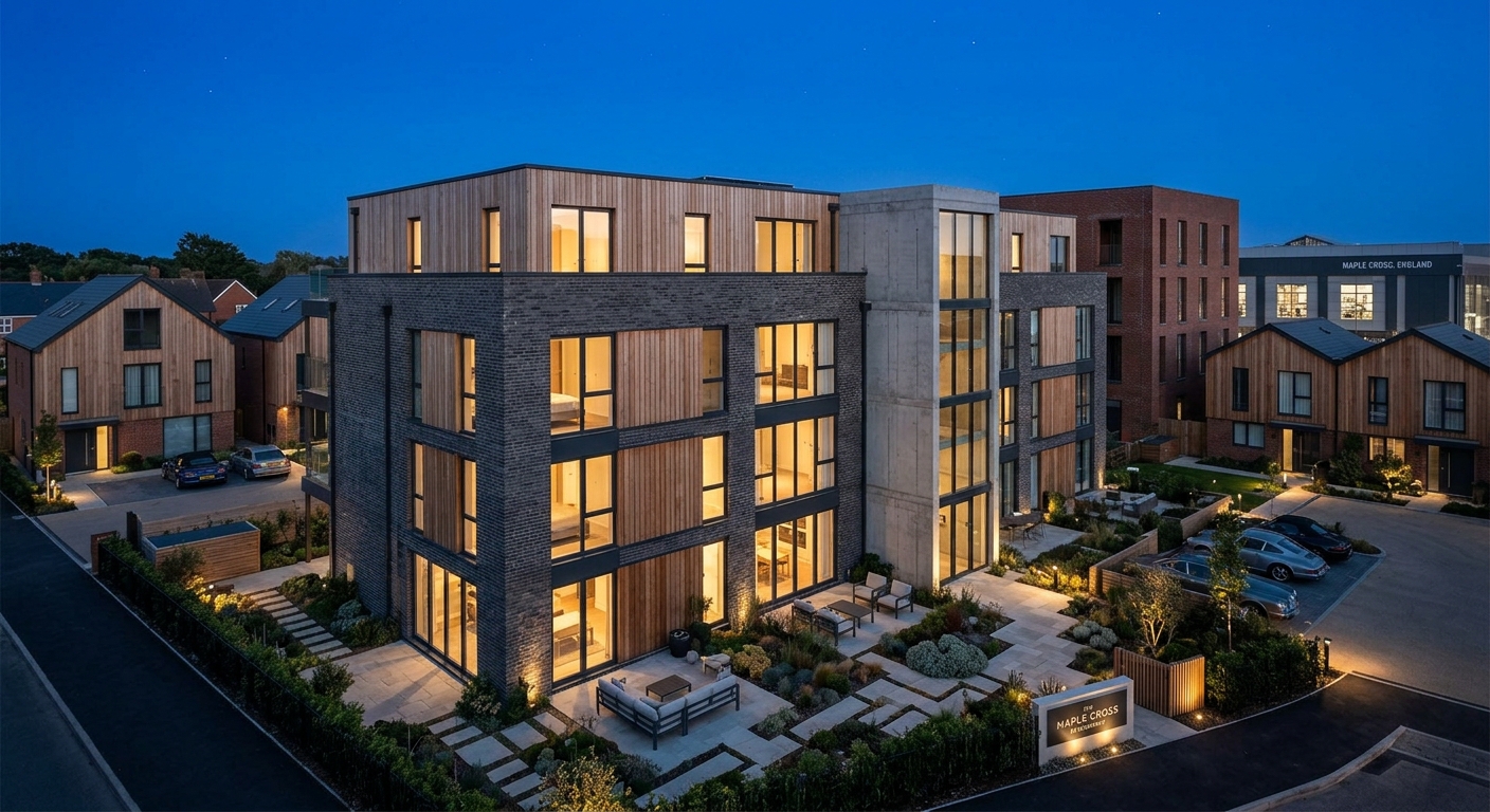 photorealistic 3D renders London High-end photorealistic 3D architectural visualization render of a modern two-storey UK home with timber cladding and glass by H-Jag Architecture.