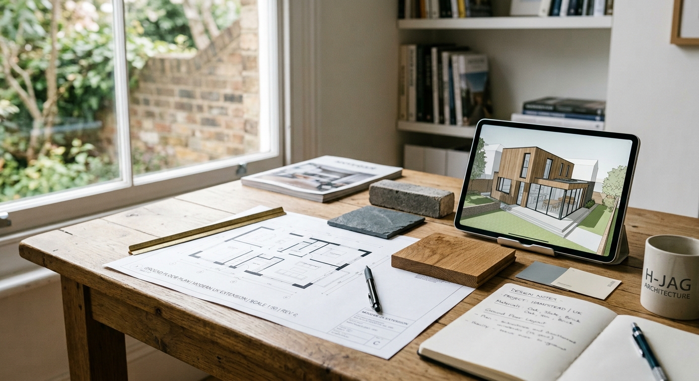 architectural design services London Architectural design drawings and 3D CAD model for a modern house extension on a drafting desk by H-Jag Architecture.