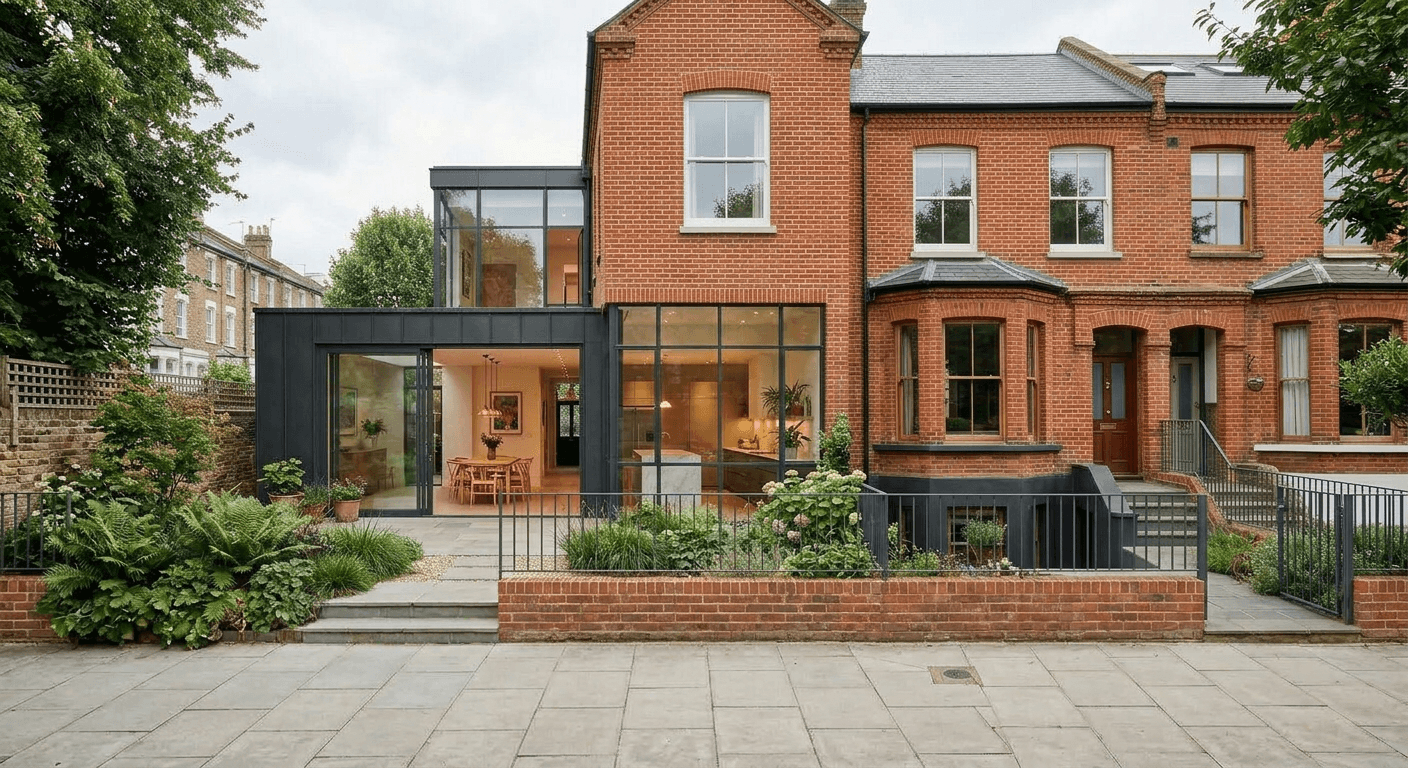 house refurbishment and extension London, period property renovation architects UK High-end residential house refurbishment in London, combining a restored traditional brick facade with a modern steel and glass rear extension designed by H-Jag Architecture.