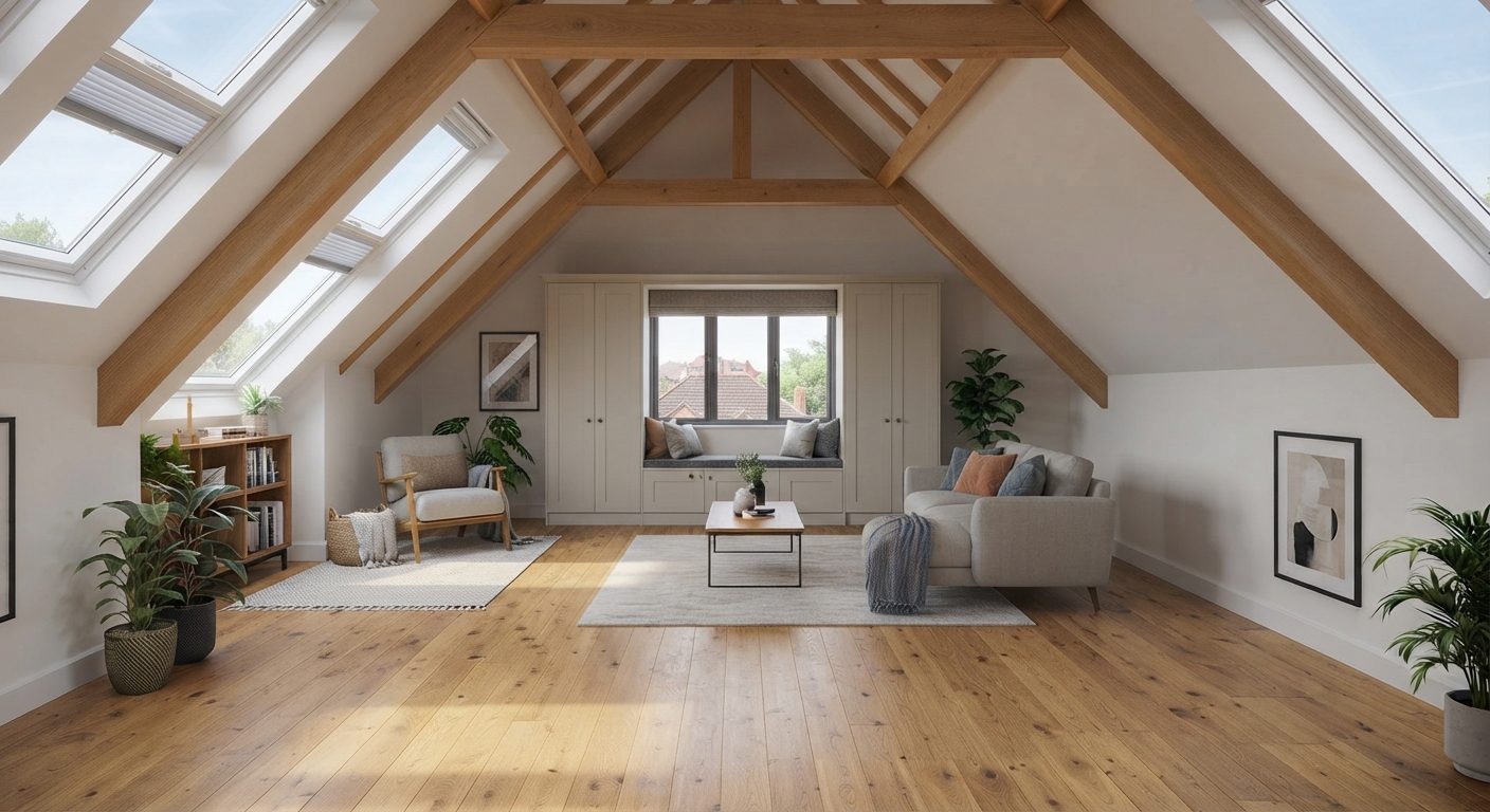 Bright minimalist loft conversion interior showcasing integrated rooflights, exposed timber beams, and oak floorboards under a gabled roof.