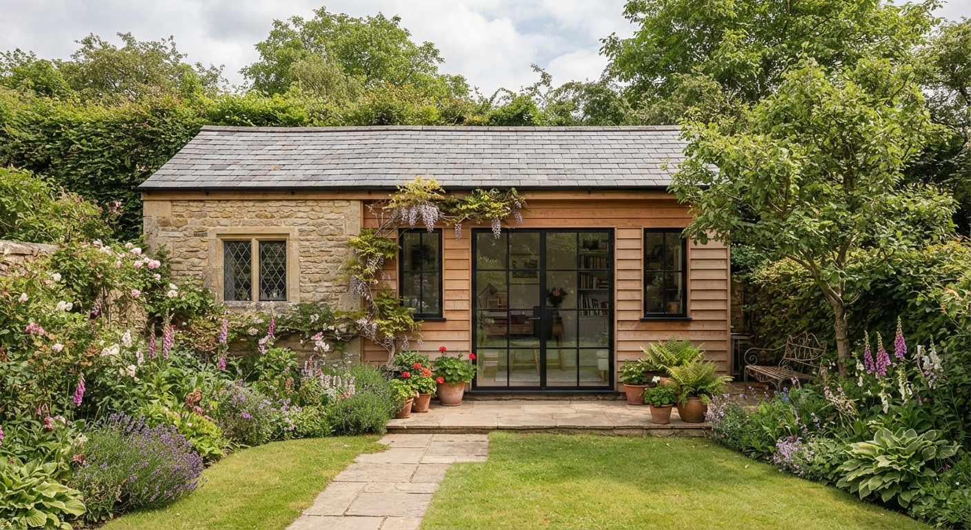 Luxury detached garden outbuilding featuring traditional stone masonry, cedar timber cladding, and black metal French doors.