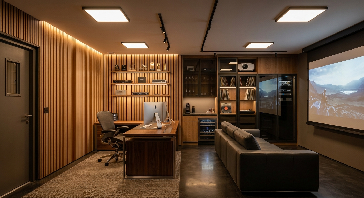 Premium garage conversion into a modern home office with acoustic wooden timber slat wall panels and minimalist built-in desk.