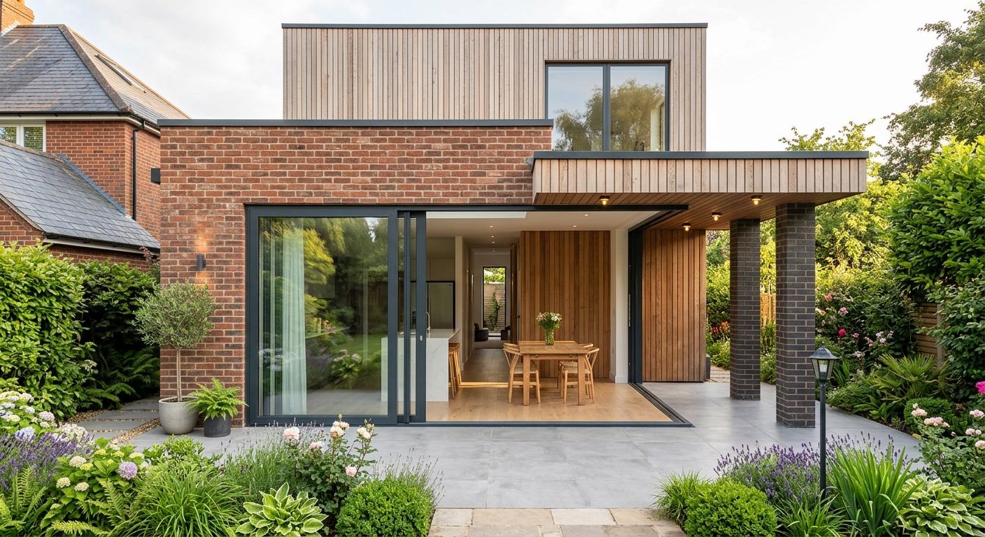 Contemporary single-storey rear extension with vertical timber cladding and slim-profile sliding glass doors opening onto a minimalist garden by H-Jag Architecture.